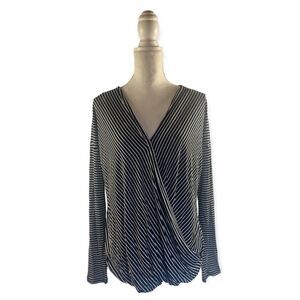 TAHARI LONG SLEEVE SURPLICE STRIPED JERSEY WRAP TOP BLACK WHITE LARGE